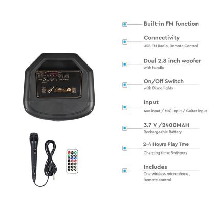 Coluna de som recarregável LED RGB com microfone 600W/2400 mAh + controlo remoto