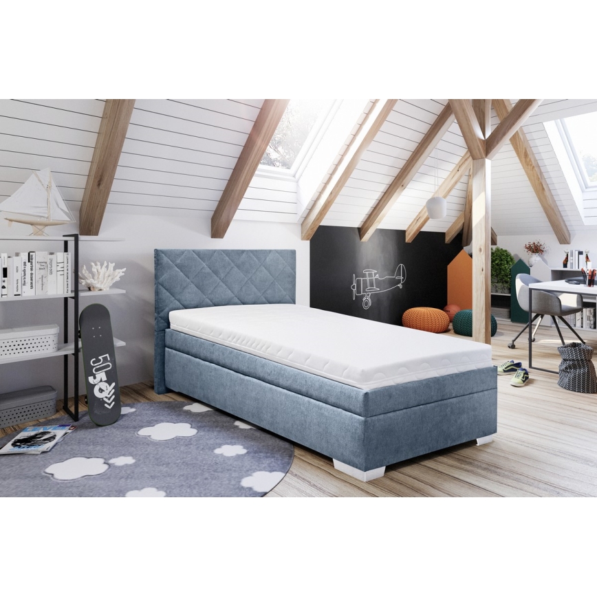 Cama almofadada com espaço de armazenamento e colchão LANA 90x200 cm azul