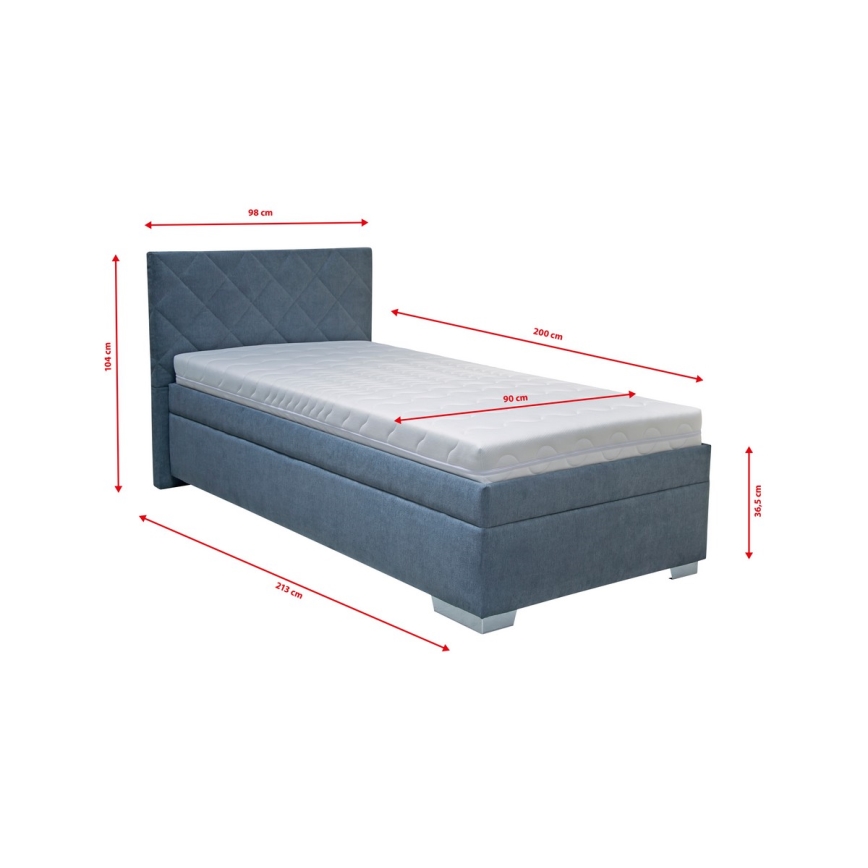 Cama almofadada com espaço de armazenamento e colchão LANA 90x200 cm azul