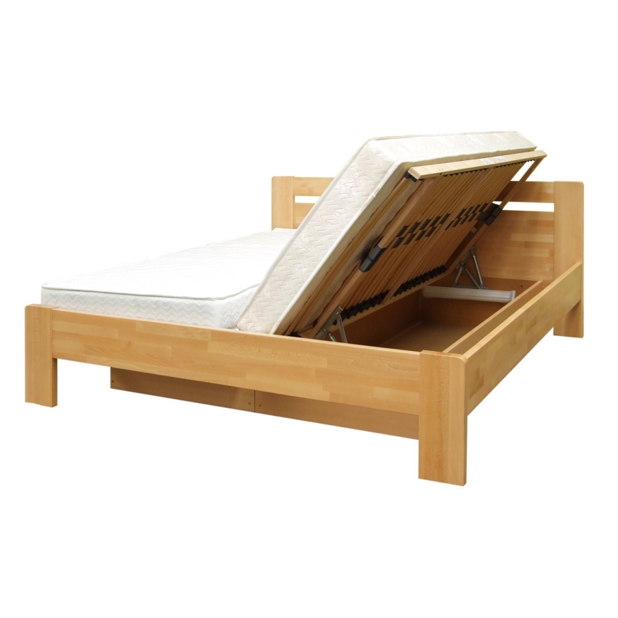 Cama de casal com estrado de ripas e espaço de arrumação feita de madeira maciça AMARA 180x200 cm faia
