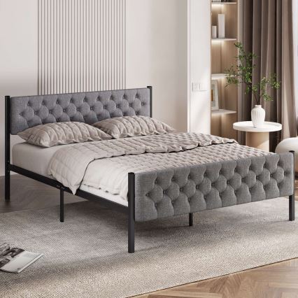 Cama de casal metálica KAROM 160x200 cm, cinzenta, suporta até 200 kg