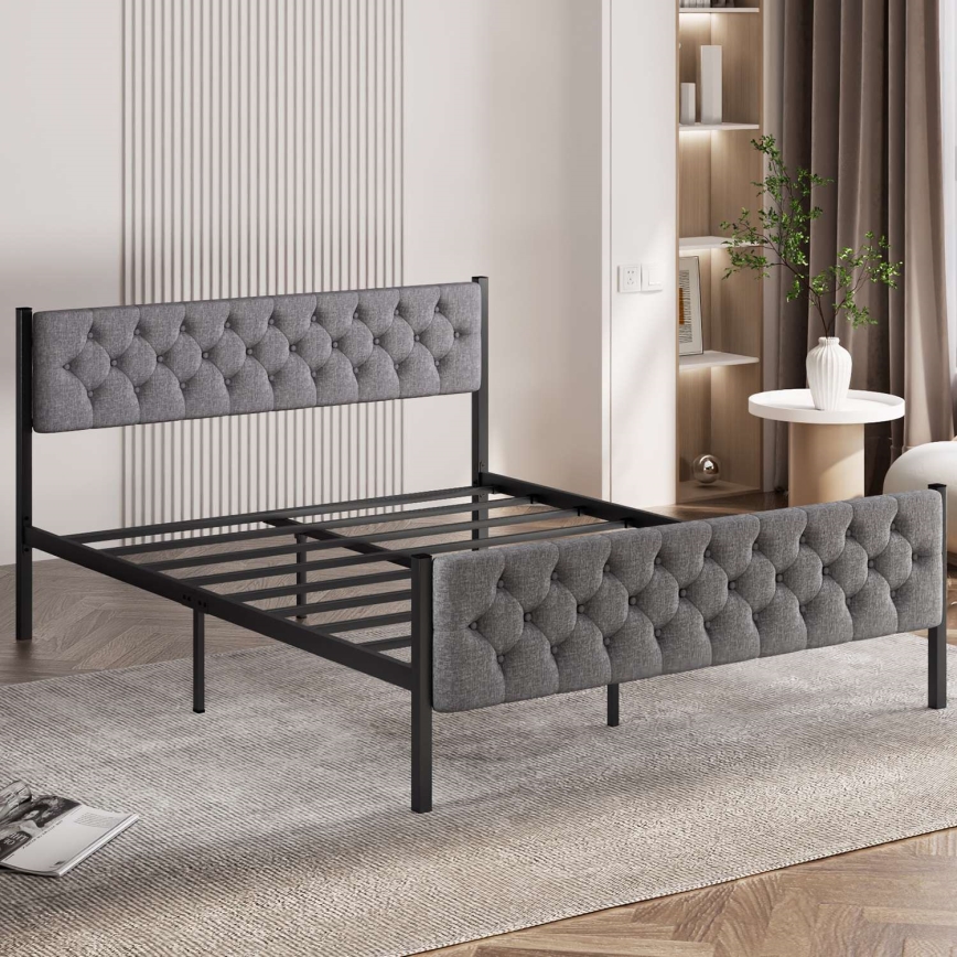 Cama de casal metálica KAROM 160x200 cm, cinzenta, suporta até 200 kg
