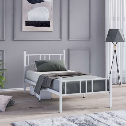 Cama de solteiro metálica PIRON 90x200 cm, branca, capacidade de carga 120 kg