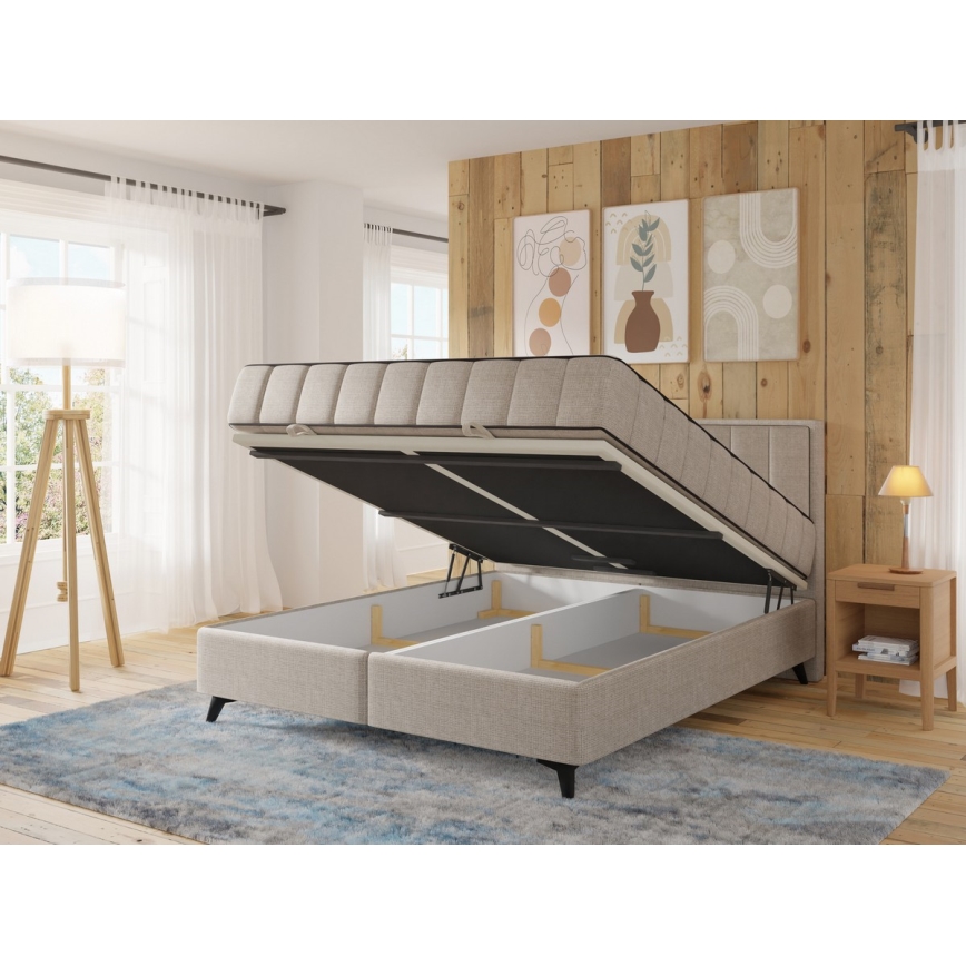 Cama estofada com colchões e topper, com espaço de arrumação ALICIA 140x200 cm bege