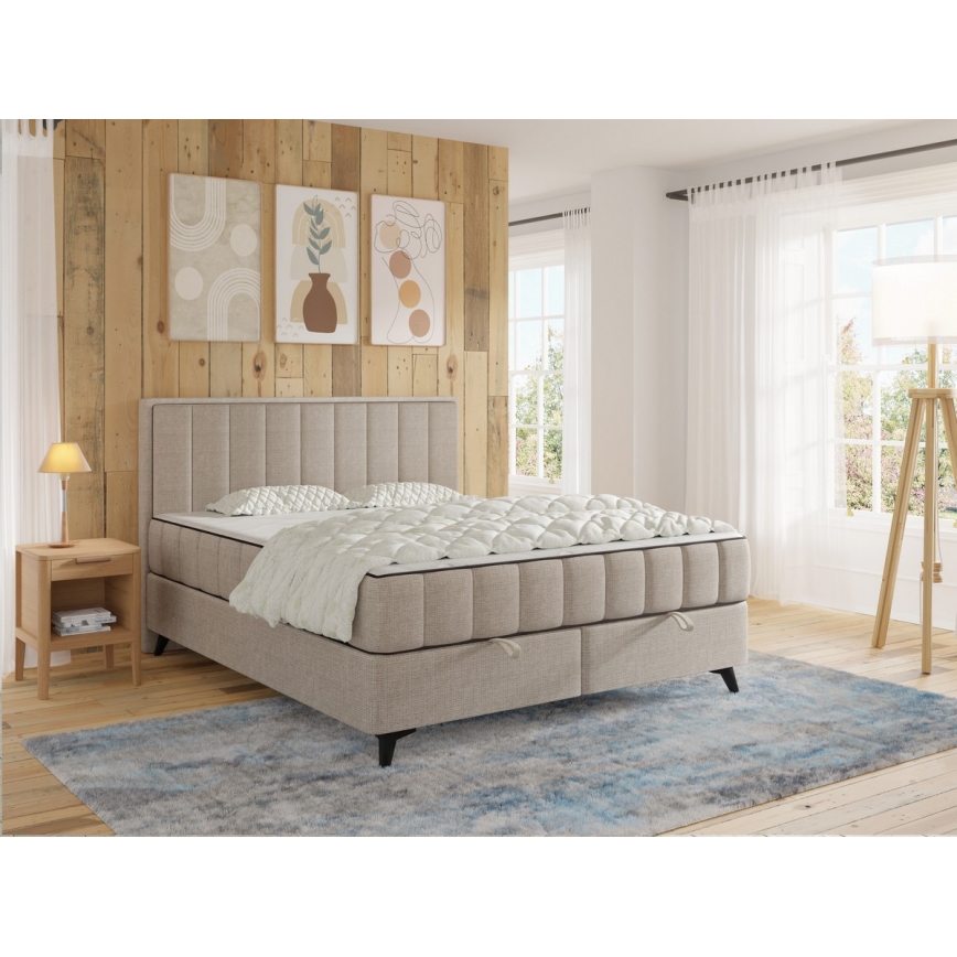 Cama estofada com colchões e topper com espaço de arrumação ALICIA 180x200 cm bege