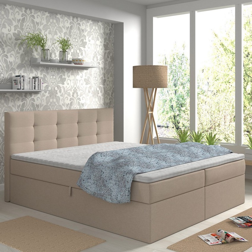 Cama estofada com colchões e topper com espaço de arrumação EMBER 180x200 cm bege