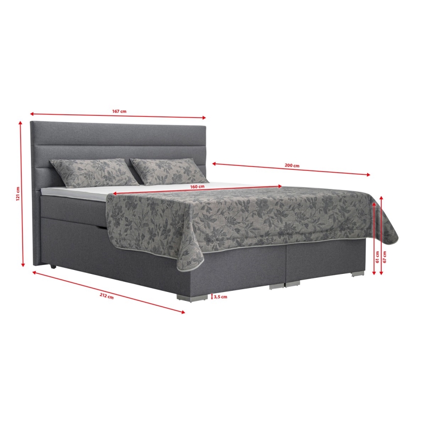 Cama almofadada com espaço de armazenamento e matracemi com uma topper NEW BOLERO 160x200 cm cinzento