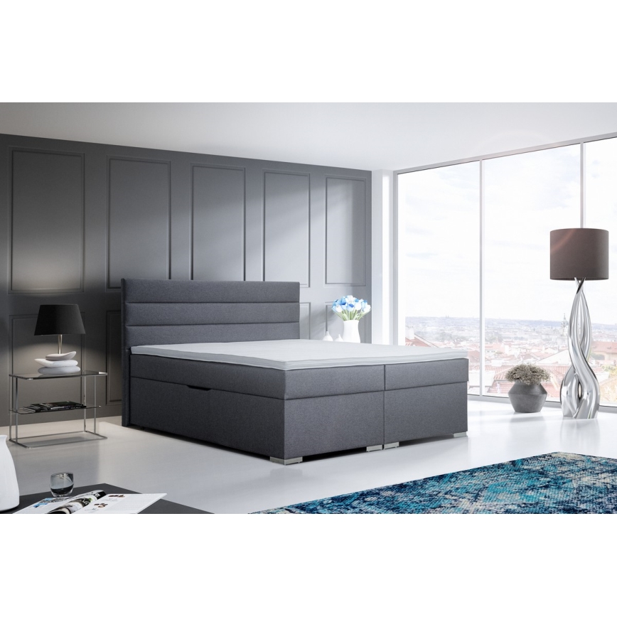 Cama almofadada com espaço de armazenamento e matracemi com topper NEW BOLERO 180x200 cm cinzento