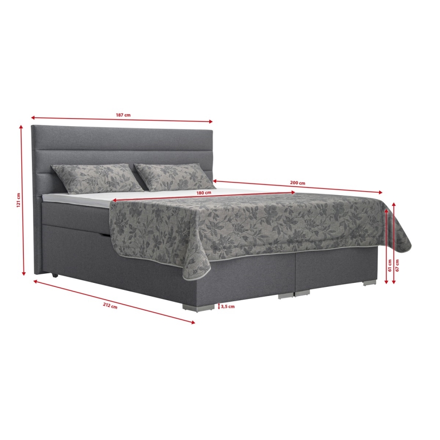 Cama almofadada com espaço de armazenamento e matracemi com topper NEW BOLERO 180x200 cm cinzento
