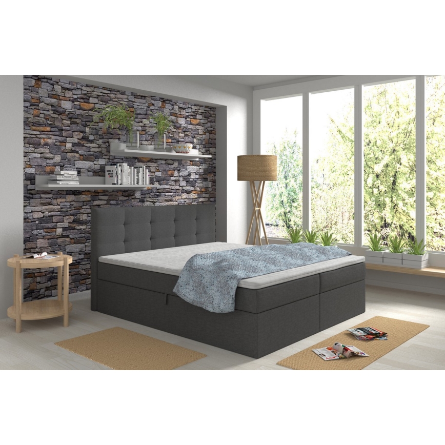 Cama estofada EMBER 160x200 cm, com colchões, sobrecolchão e espaço de arrumação — antracite