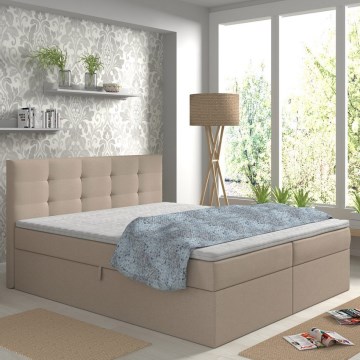Cama estofada EMBER 180x200 cm, bege — com colchões, sobrecolchão e espaço de arrumação