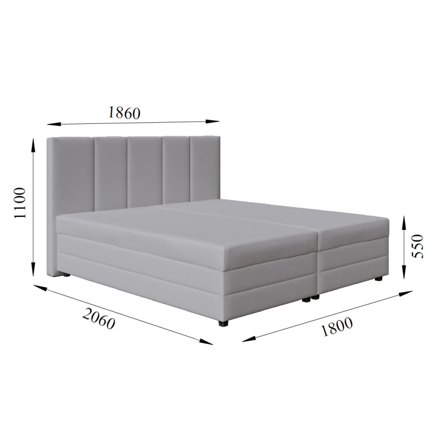 Cama estofada com colchão de molas e espaço de arrumação ISABEL 180x200 cinza claro