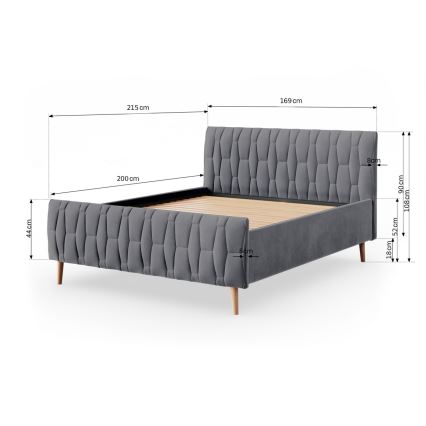Cama estofada sem colchão FLORA 180x200 cm cinzenta