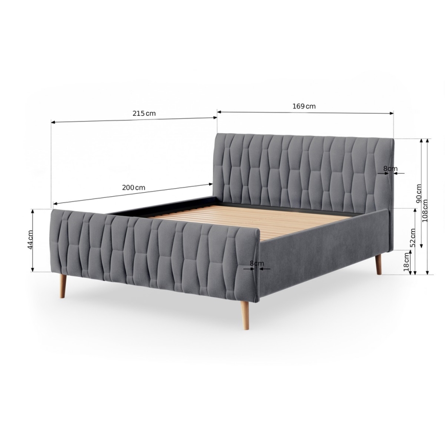 Cama estofada sem colchão FLORA 180x200 cm cinzenta
