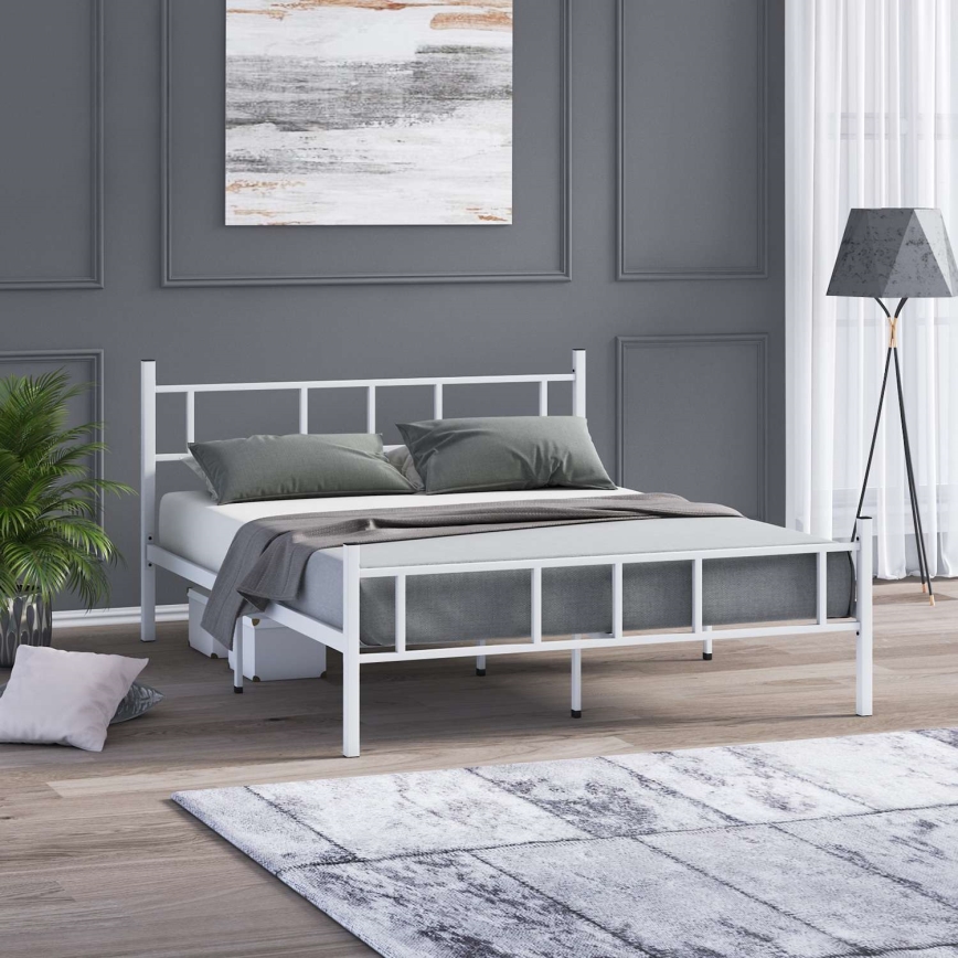 Cama metálica de casal PIRON 160x200 cm, branca, suporta até 200 kg