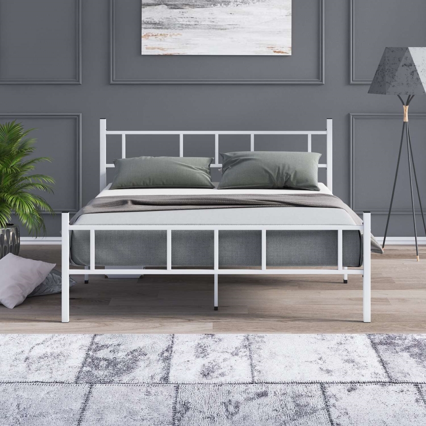 Cama metálica de casal PIRON 160x200 cm, branca, suporta até 200 kg