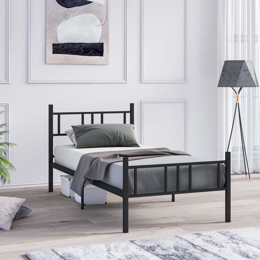Cama metálica de solteiro PIRON 90x200 cm preta, capacidade de carga 120 kg