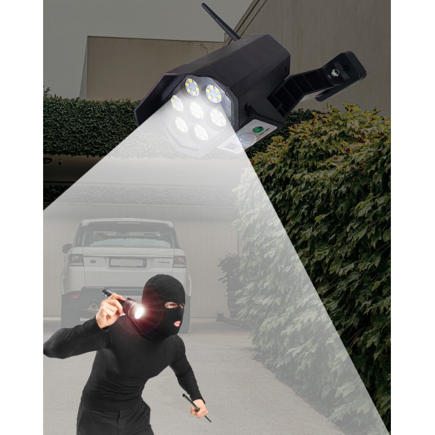 Câmara de segurança LED solar fictícia com sensor LED/3,7V IP44 preto + comando