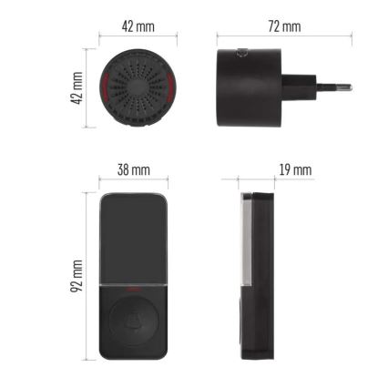 Campainha sem fio para tomada 230V + 1xCR2032 preta