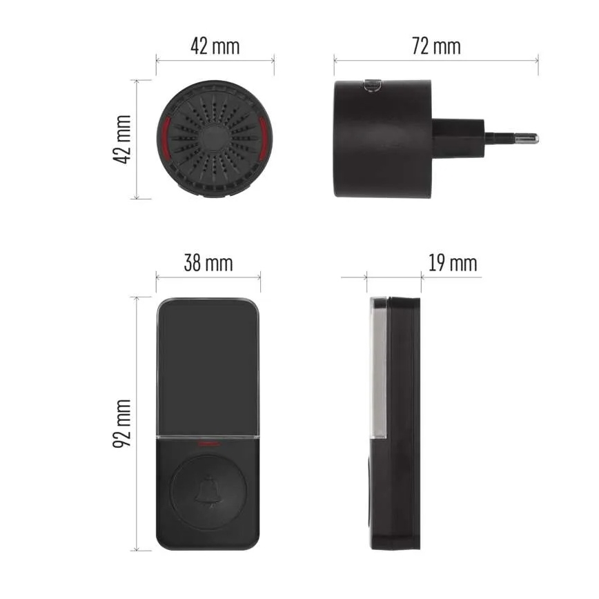 Campainha sem fio para tomada 230V + 1xCR2032 preta