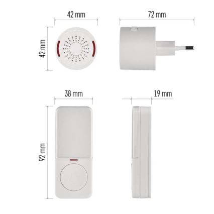 Campainha sem fios para tomada 230 V + 1x CR2032 branca