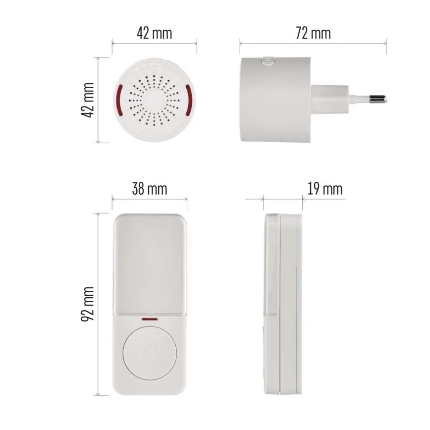 Campainha sem fios para tomada 230 V + 1x CR2032 branca