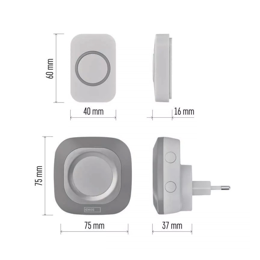 Campainha Sem Fios Plug-in 230V + 1xCR2032 IP44 cinzento