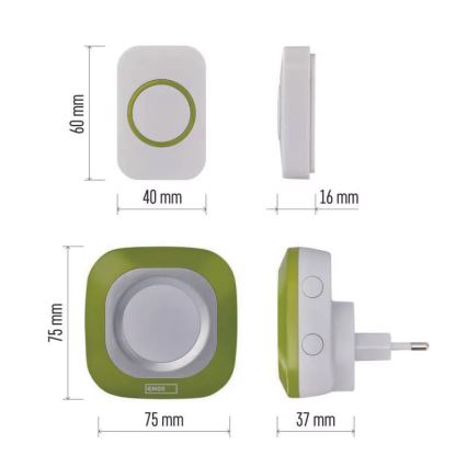 Campainha Sem Fios Plug-in 230V + 1xCR2032 IP44 verde