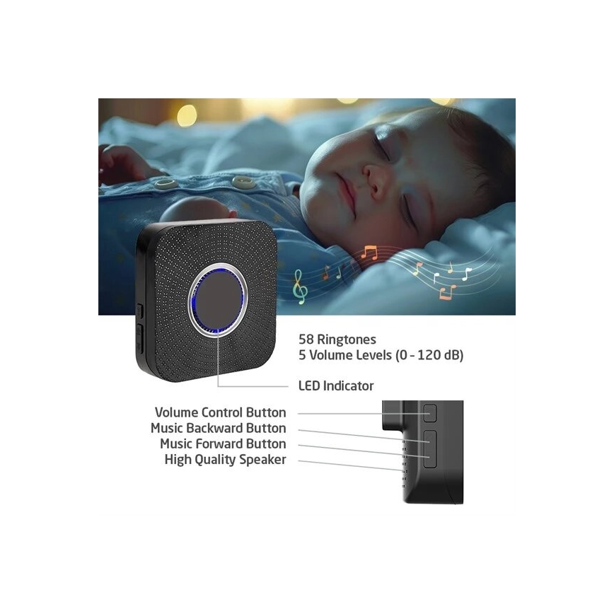 Campainha Sem Fios Plug-in cinético 230V preto