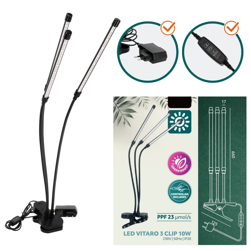 LED Regulação flexible candeeiro de mesa com clipe para o cultivo de plantas VITARO 3xLED/10W/230V preto