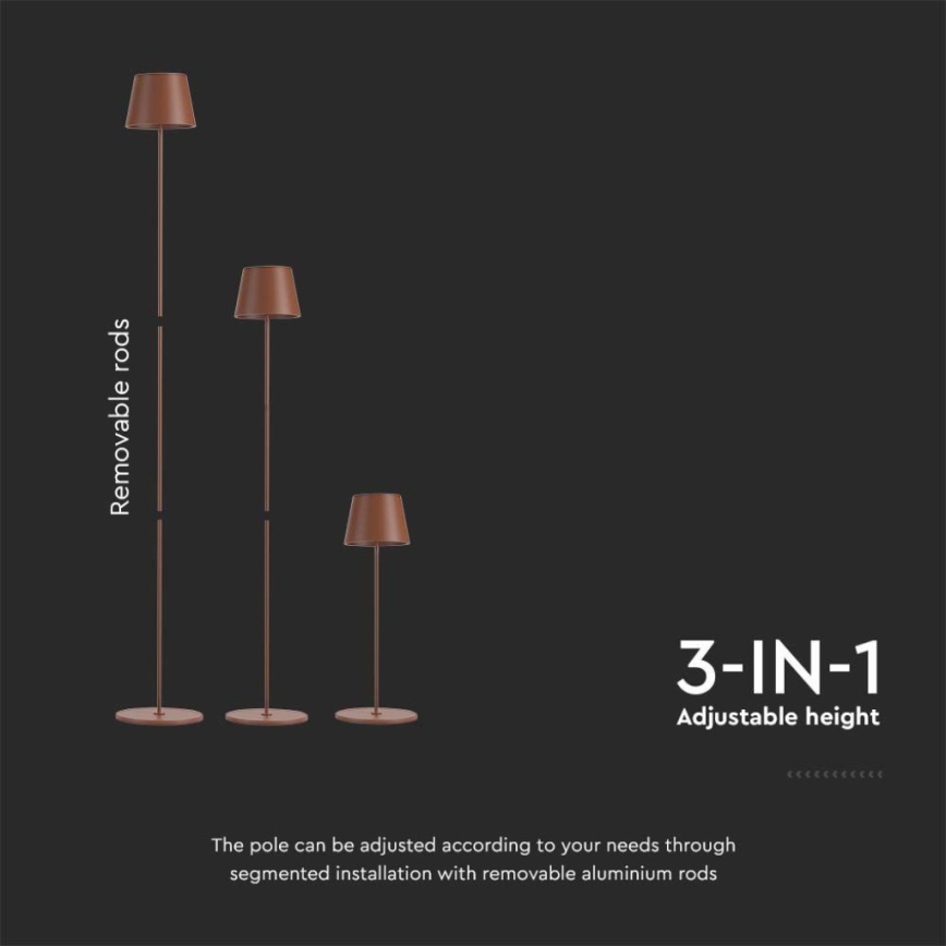 Candeeiro de chão LED recarregável com regulação 3em1 LED/4W/5V 4400 mAh 3000K IP54 castanho