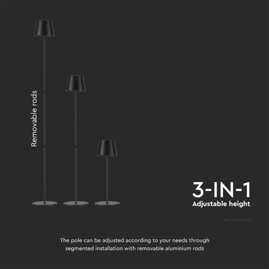 Candeeiro de chão LED recarregável com regulação 3em1 LED/4W/5V 4400 mAh 3000K IP54 preto