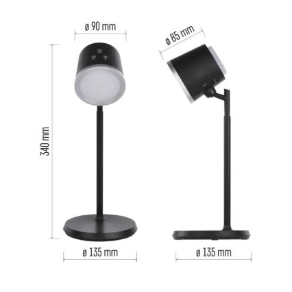 Candeeiro de mesa LED com regulação 4em1 LED/6W/3,7V 3000K/4000K/6500K 1500mAh preto