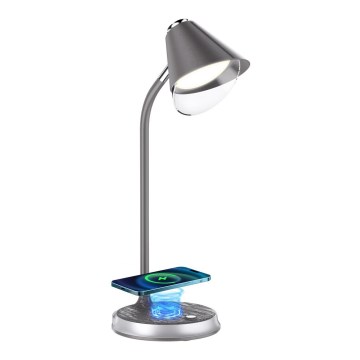 Candeeiro de mesa LED com regulação e carregamento sem fios FINCH LED/9W/12/230V cinzento/cromado brilhante