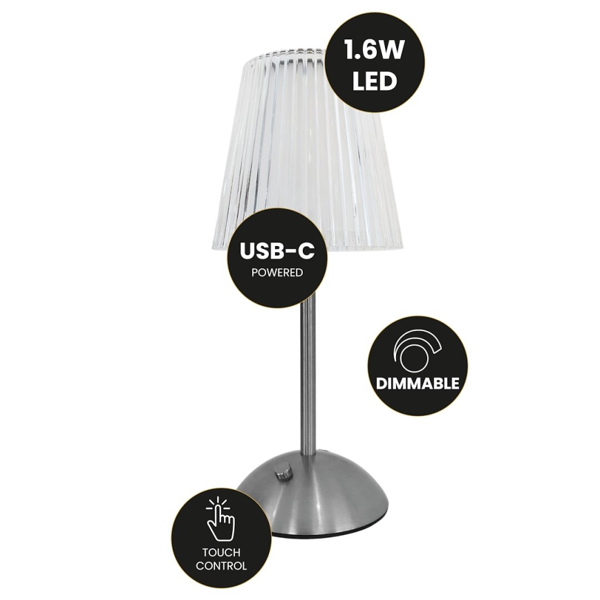 Candeeiro de mesa LED e tátil com regulação ELBA LED/1,6W/800 mAh cromado mate/transparente
