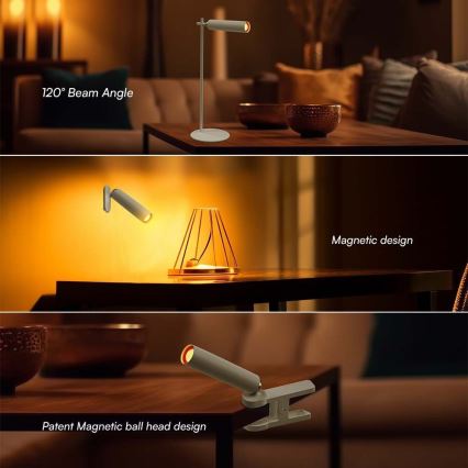 Candeeiro de mesa LED magnético, recarregável e regulável 3em1 LED/3W/5V 4000K 1500 mAh branco