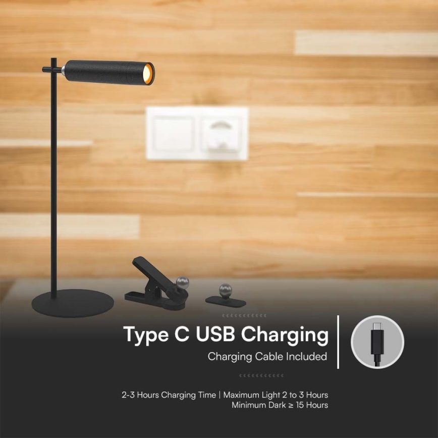 Candeeiro de mesa LED magnético, recarregável e regulável 3em1 LED/3W/5V 4000K 1500 mAh preto