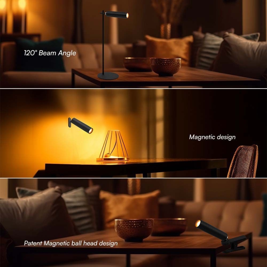 Candeeiro de mesa LED magnético, recarregável e regulável 3em1 LED/3W/5V 4000K 1500 mAh preto