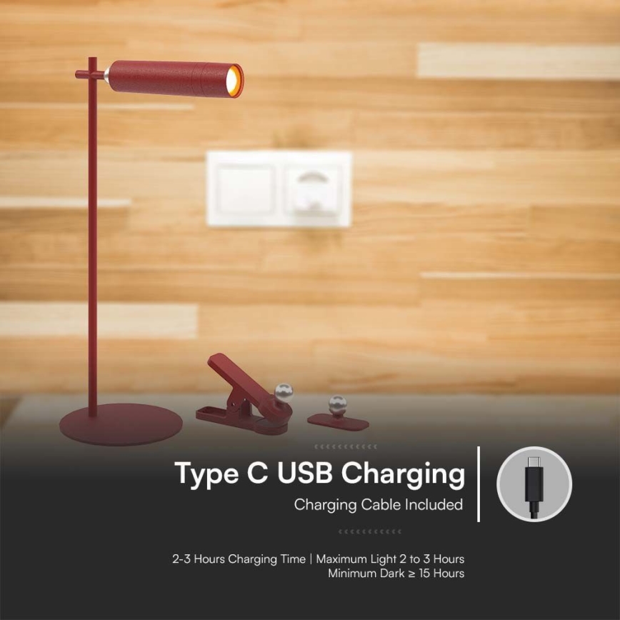 Candeeiro de mesa LED magnético, recarregável e regulável 3em1 LED/3W/5V 4000K 1500 mAh vermelho