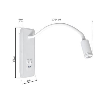 Candeeiro de parede LED pequeno e flexível com entrada USB BASE 1xLED/8W+1xLED/2W/230V branco
