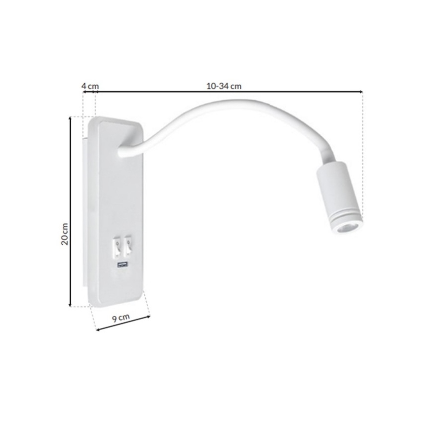 Candeeiro de parede LED pequeno e flexível com entrada USB BASE 1xLED/8W+1xLED/2W/230V branco