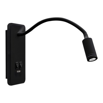 Candeeiro de parede LED pequeno e flexível com entrada USB BASE 1xLED/8W+1xLED/2W/230V preto