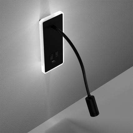 Candeeiro de parede LED pequeno e flexível com entrada USB BASE 1xLED/8W+1xLED/2W/230V preto