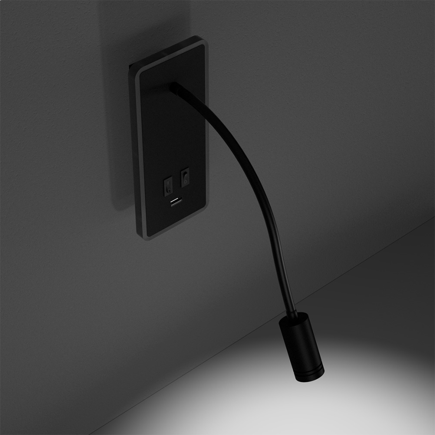 Candeeiro de parede LED pequeno e flexível com entrada USB BASE 1xLED/8W+1xLED/2W/230V preto