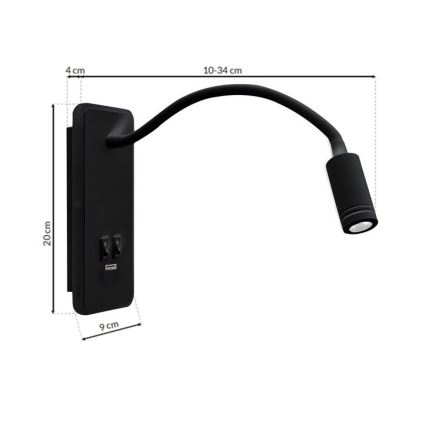 Candeeiro de parede LED pequeno e flexível com entrada USB BASE 1xLED/8W+1xLED/2W/230V preto