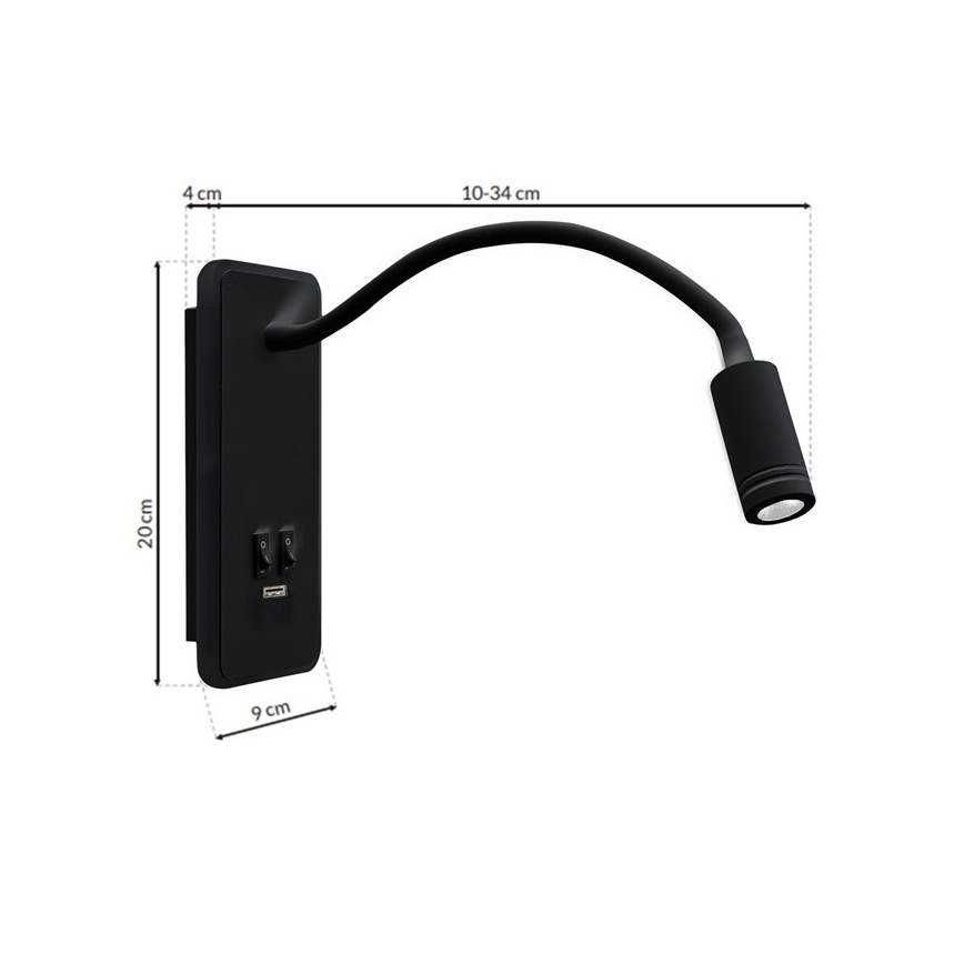Candeeiro de parede LED pequeno e flexível com entrada USB BASE 1xLED/8W+1xLED/2W/230V preto