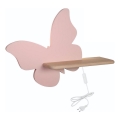 Candeeiro de parede para criança LED com prateleira BORBOLETA LED/5W/230V rosa/madeira
