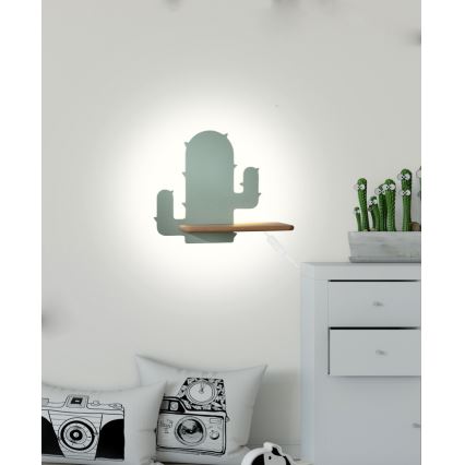 Candeeiro de parede para criança LED com prateleira CACTUS LED/4W/230V verde/madeira