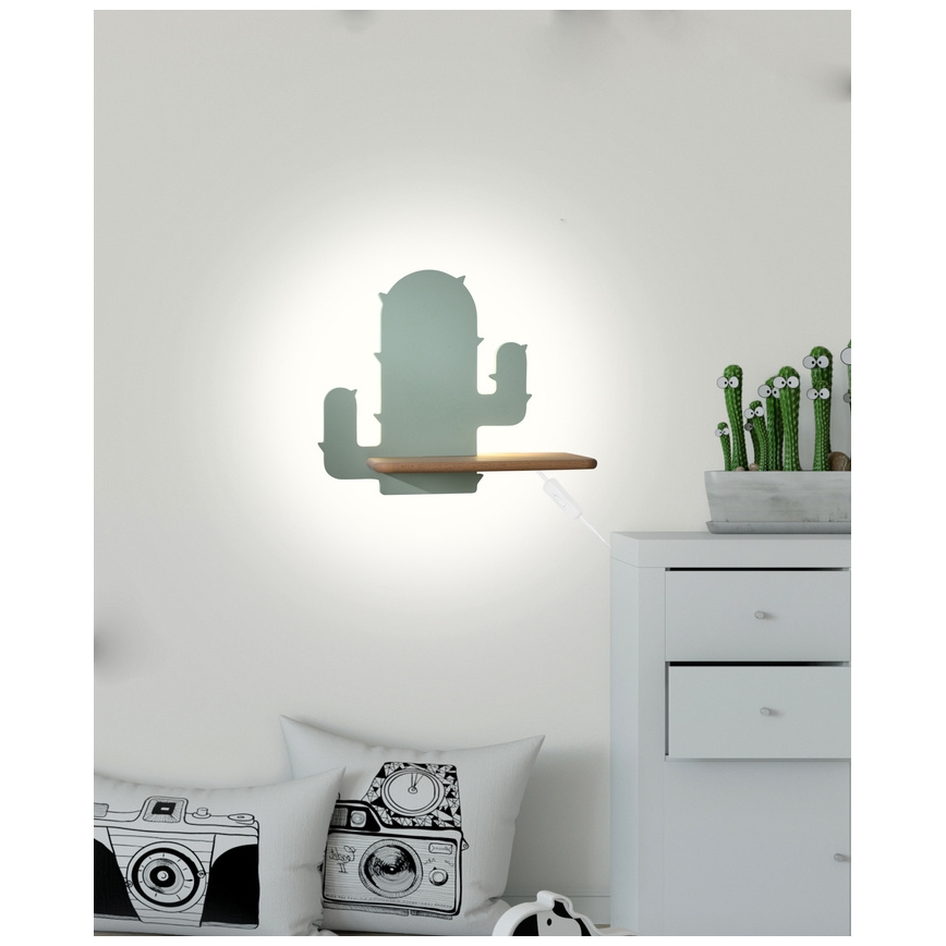 Candeeiro de parede para criança LED com prateleira CACTUS LED/4W/230V verde/madeira