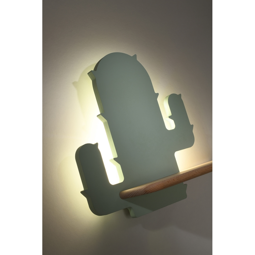 Candeeiro de parede para criança LED com prateleira CACTUS LED/4W/230V verde/madeira